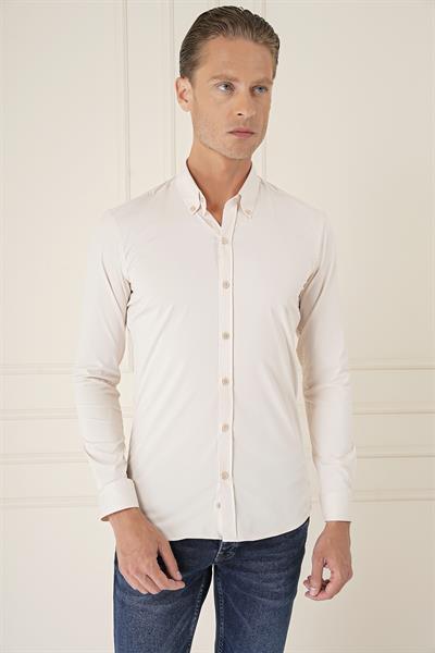 Slim Fit Düğmeli Yaka Esnek Pamuk Klasik Bej Gömlek Gk 727