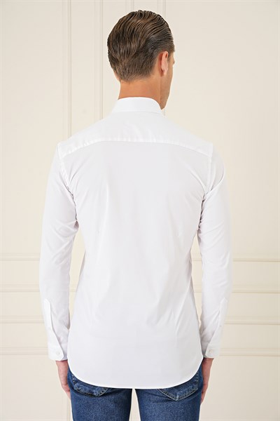 Slim Fit Düğmeli Yaka Esnek Pamuk Beyaz Gömlek Gk 727