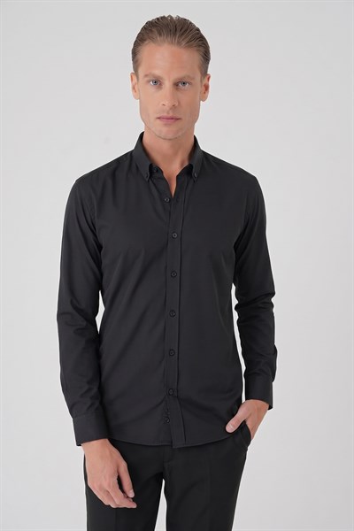 Slim Fit Düğmeli Yaka Esnek Pamuk Siyah Gömlek Gk 727