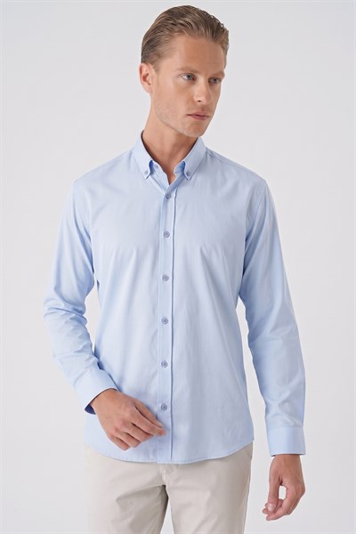 Slim Fit Düğmeli Yaka Esnek Pamuk Mavi Gömlek Gk 727