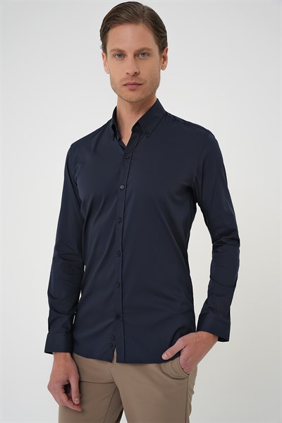 Slim Fit Düğmeli Yaka Esnek Pamuk Lacivert Gömlek Gk 727