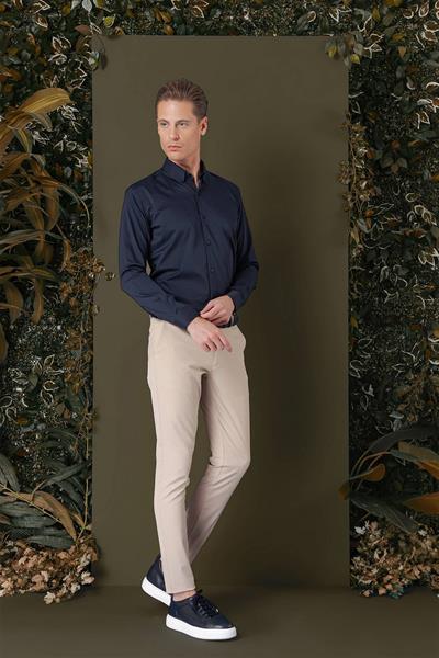 Slim Fit Düğmeli Yaka Esnek Pamuk Klasik Lacivert Gömlek Gk 708