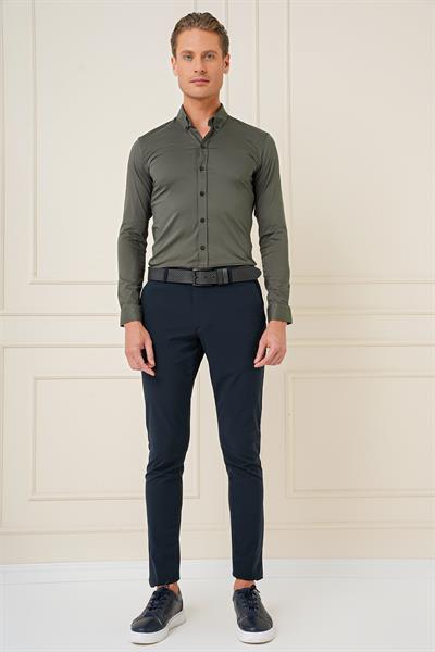 Slim Fit Düğmeli Yaka Esnek Pamuk Klasik Haki Gömlek Gk 727