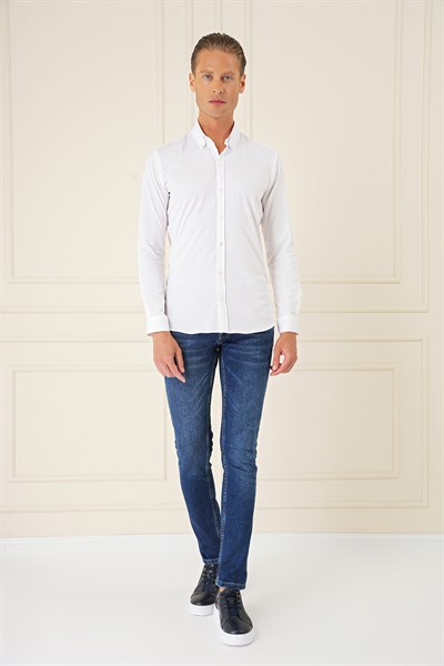 Slim Fit Düğmeli Yaka Esnek Pamuk Beyaz Gömlek Gk 727