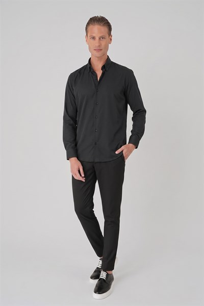 Slim Fit Düğmeli Yaka Esnek Pamuk Siyah Gömlek Gk 727