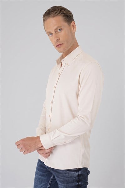 Slim Fit Düğmeli Yaka Esnek Pamuk Bej Gömlek Gk 727