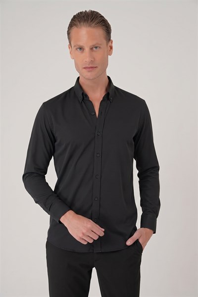 Slim Fit Düğmeli Yaka Esnek Pamuk Siyah Gömlek Gk 727