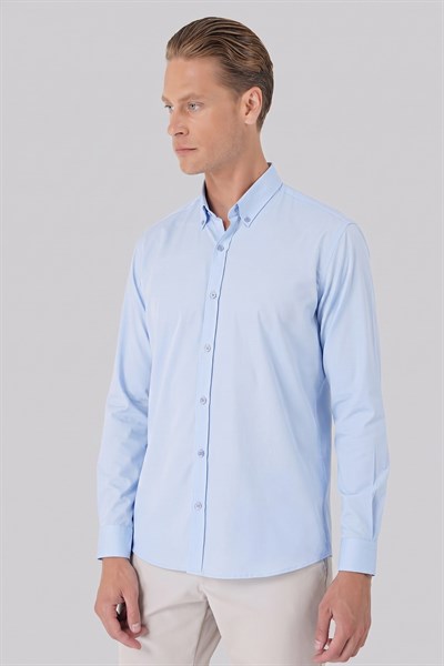 Slim Fit Düğmeli Yaka Esnek Pamuk Mavi Gömlek Gk 727