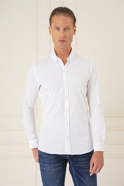 Slim Fit Düğmeli Yaka Esnek Pamuk Beyaz Gömlek Gk 727