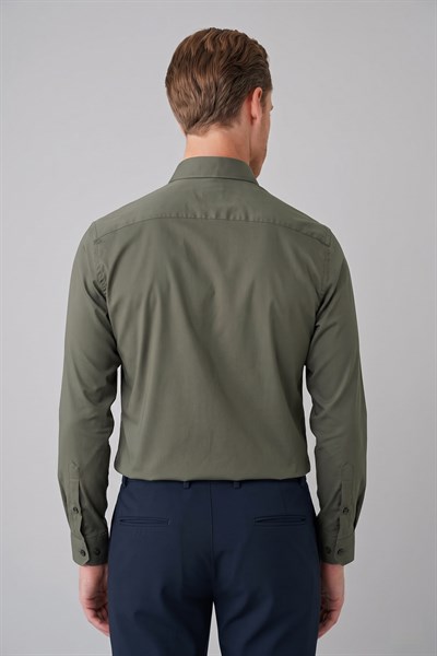 Slim Fit Düğmeli Yaka Esnek Pamuk Haki Gömlek Gk 727