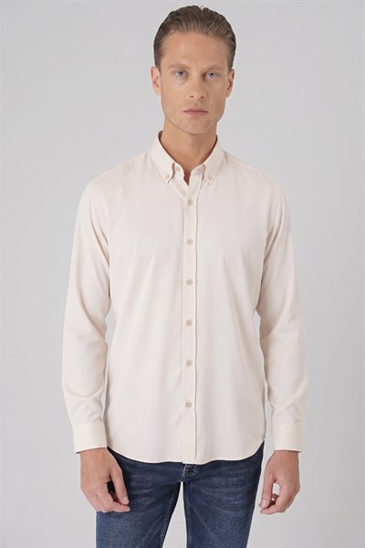 Slim Fit Düğmeli Yaka Esnek Pamuk Bej Gömlek Gk 727