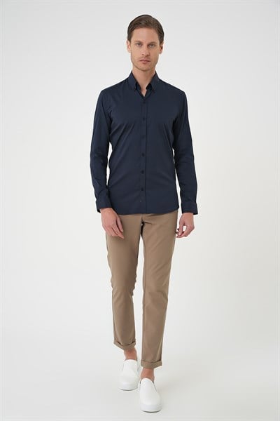 Slim Fit Düğmeli Yaka Esnek Pamuk Lacivert Gömlek Gk 727