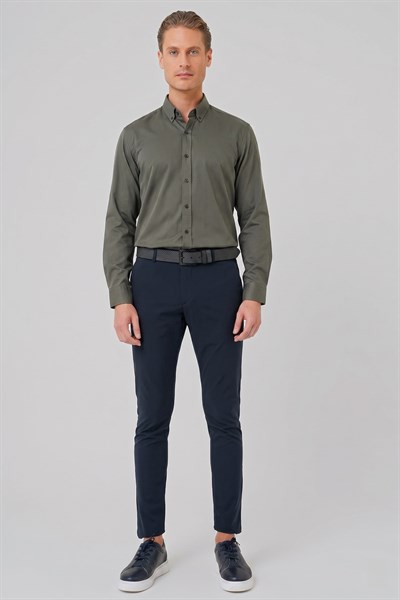 Slim Fit Düğmeli Yaka Esnek Pamuk Haki Gömlek Gk 727