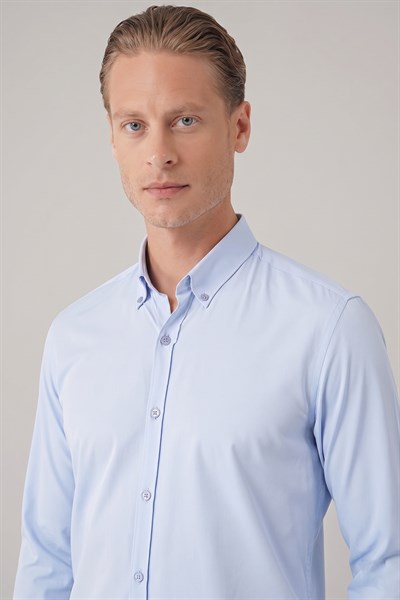 Slim Fit Düğmeli Yaka Esnek Pamuk Mavi Gömlek Gk 727