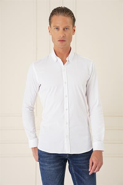 Slim Fit Düğmeli Yaka Esnek Pamuk Klasik Beyaz Gömlek Gk 727