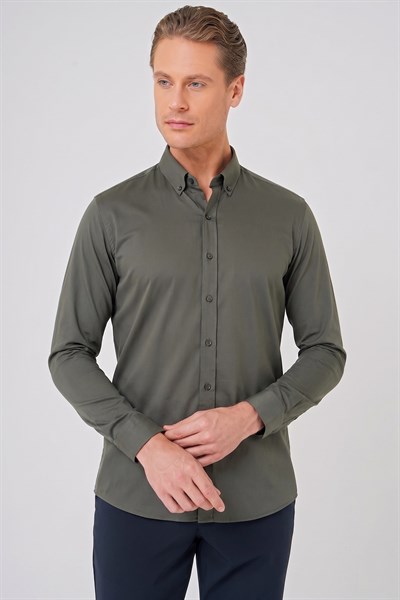 Slim Fit Düğmeli Yaka Esnek Pamuk Haki Gömlek Gk 727