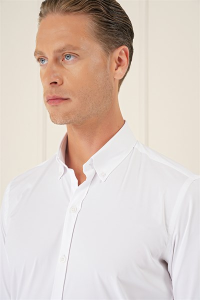 Slim Fit Düğmeli Yaka Esnek Pamuk Beyaz Gömlek Gk 727