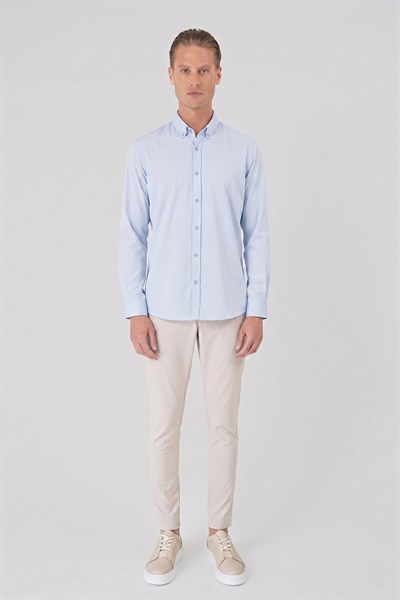 Slim Fit Düğmeli Yaka Esnek Pamuk Mavi Gömlek Gk 727