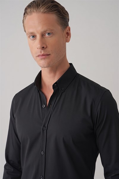 Slim Fit Düğmeli Yaka Esnek Pamuk Siyah Gömlek Gk 727