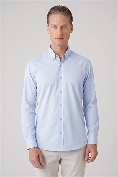 Slim Fit Düğmeli Yaka Esnek Pamuk Mavi Gömlek Gk 727