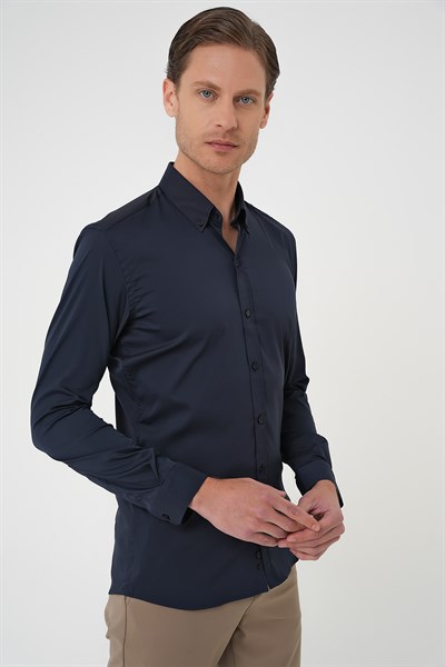 Slim Fit Düğmeli Yaka Esnek Pamuk Lacivert Gömlek Gk 727