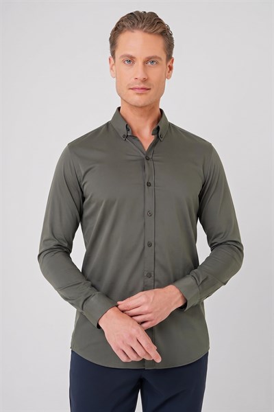 Slim Fit Düğmeli Yaka Esnek Pamuk Haki Gömlek Gk 727