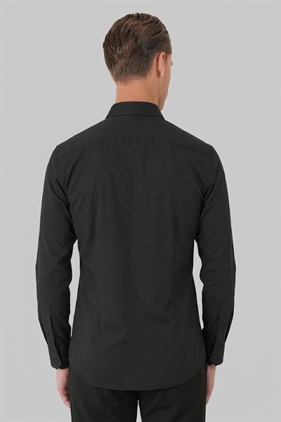 Slim Fit Düğmeli Yaka Esnek Pamuk Siyah Gömlek Gk 727