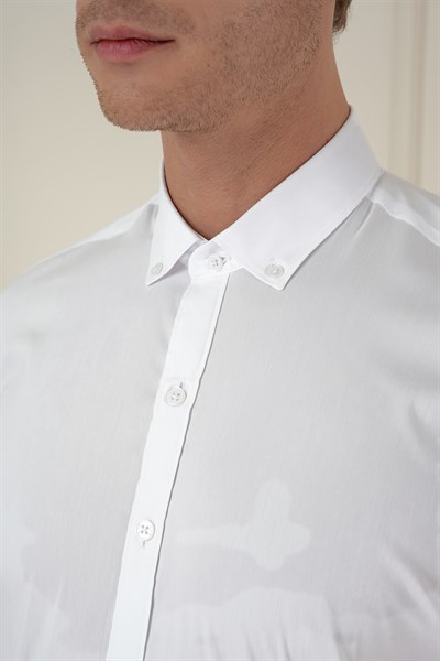 Slim Fit Düğmeli Yaka Esnek Pamuklu Beyaz Gömlek GK 746