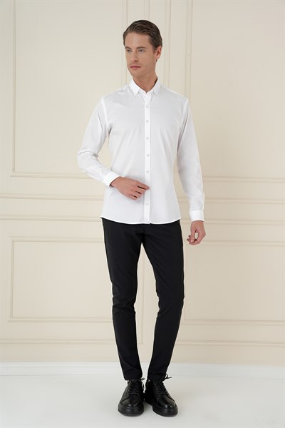 Slim Fit Düğmeli Yaka Esnek Pamuklu Beyaz Gömlek GK 746