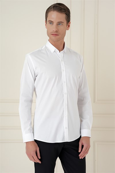Slim Fit Düğmeli Yaka Esnek Pamuklu Beyaz Gömlek GK 746