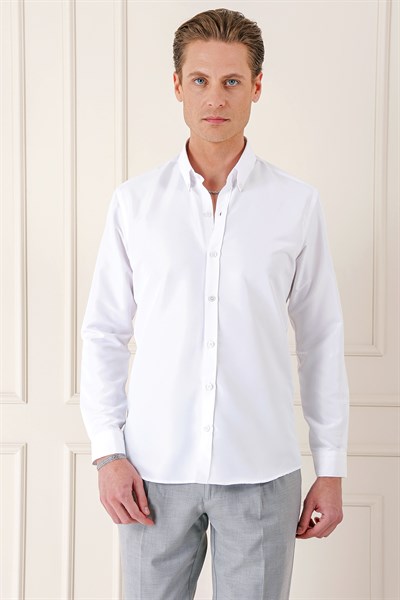 Slim Fit Düğmeli Yaka Esnek Pamuklu Beyaz Gömlek Gk 715