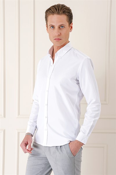 Slim Fit Düğmeli Yaka Esnek Pamuklu Beyaz Gömlek Gk 715