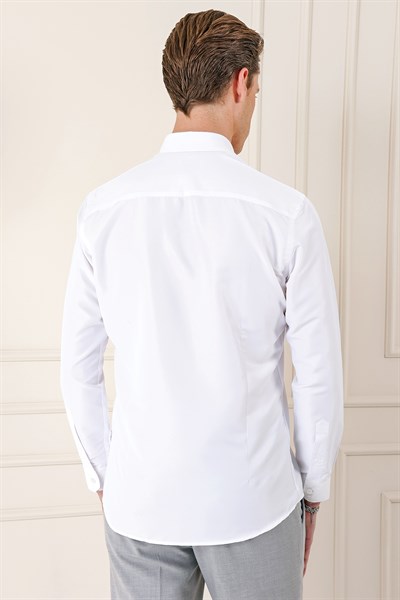 Slim Fit Düğmeli Yaka Esnek Pamuklu Beyaz Gömlek Gk 715