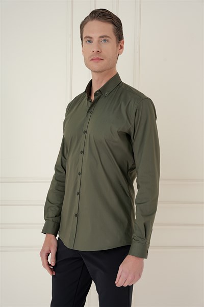 Slim Fit Düğmeli Yaka Esnek Pamuklu Haki Gömlek GK 746