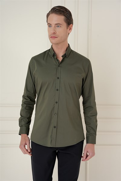 Slim Fit Düğmeli Yaka Esnek Pamuklu Haki Gömlek GK 746