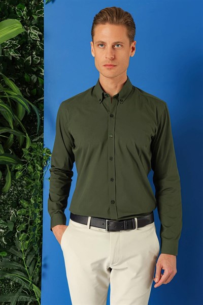 Slim Fit Düğmeli Yaka Esnek Pamuklu Haki Gömlek Gk 715
