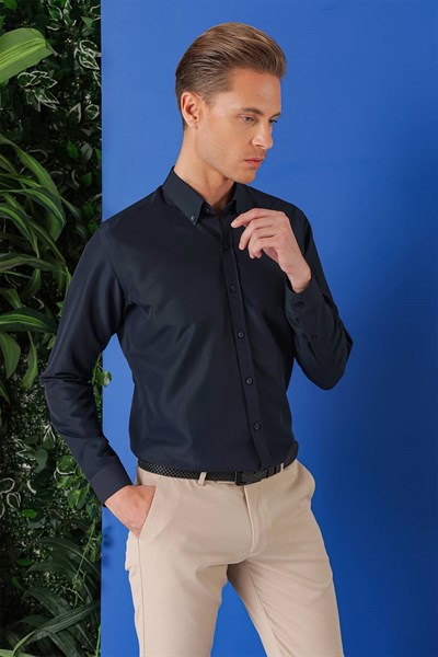 Slim Fit Düğmeli Yaka Esnek Pamuklu Lacivert Gömlek Gk 715