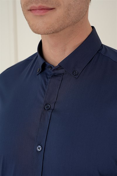 Slim Fit Düğmeli Yaka Esnek Pamuklu Lacivert Gömlek GK 746