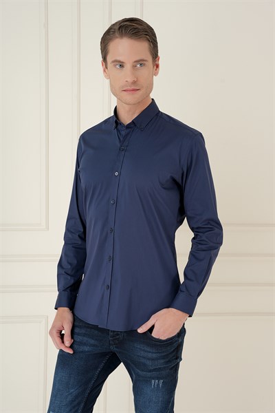 Slim Fit Düğmeli Yaka Esnek Pamuklu Lacivert Gömlek GK 746