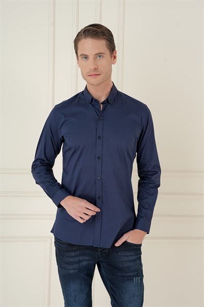 Slim Fit Düğmeli Yaka Esnek Pamuklu Lacivert Gömlek GK 746