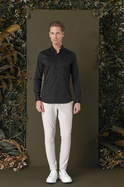Slim Fit Düğmeli Yaka Esnek Pamuklu Siyah Gömlek Gk 708