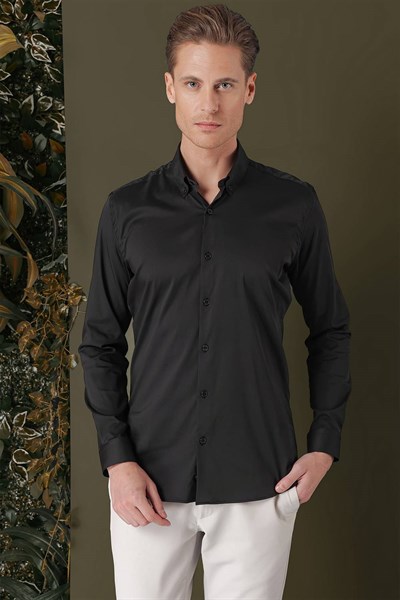 Slim Fit Düğmeli Yaka Esnek Pamuklu Siyah Gömlek Gk 708