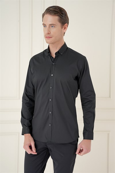 Slim Fit Düğmeli Yaka Esnek Pamuklu Siyah Gömlek GK 746