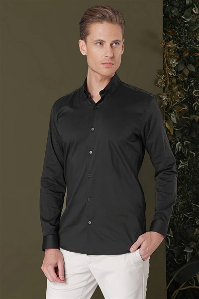 Slim Fit Düğmeli Yaka Esnek Pamuklu Siyah Gömlek Gk 708