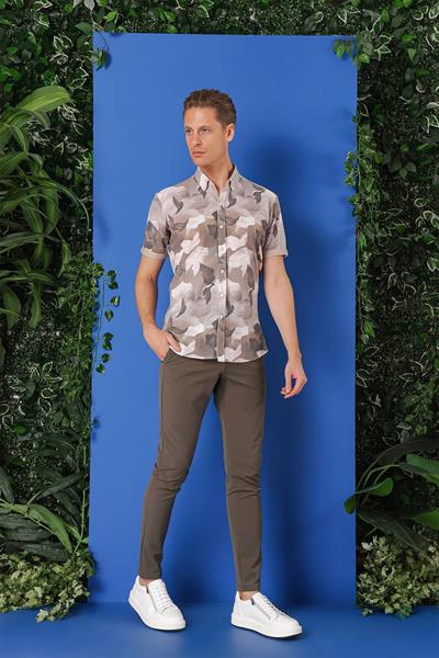 Slim Fit Düğmeli Yaka Kamuflaj Desenli Kısa Kol Pamuk Bej Gömlek G 1500