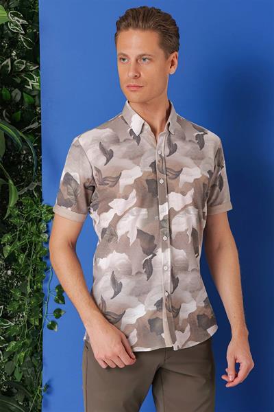 Slim Fit Düğmeli Yaka Kamuflaj Desenli Kısa Kol Pamuk Bej Gömlek G 1500