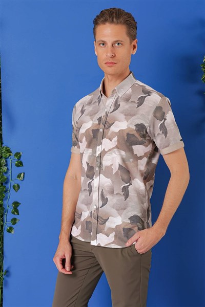 Slim Fit Düğmeli Yaka Kamuflaj Desenli Kısa Kollu Pamuk Bej Gömlek G 1500