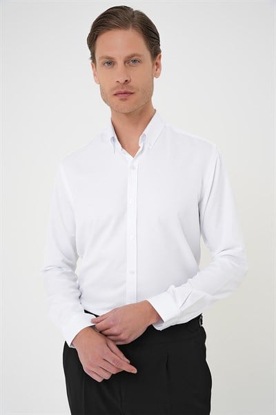 Slim Fit Düğmeli Yaka Pamuklu Beyaz Gömlek Gk 736