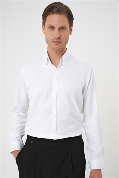 Slim Fit Düğmeli Yaka Pamuklu Beyaz Gömlek Gk 736