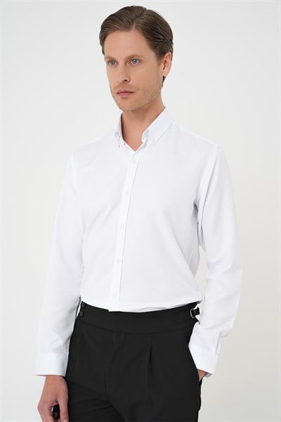 Slim Fit Düğmeli Yaka Pamuklu Beyaz Gömlek Gk 736